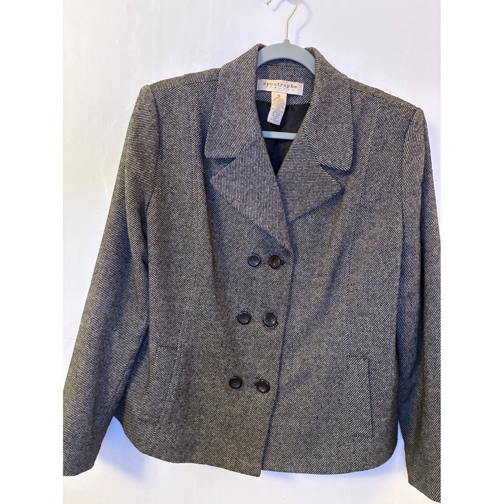 Vintage Apostrophe Stretch Gray Wool Blend Double Breasted Blazer Jacket Sz 16